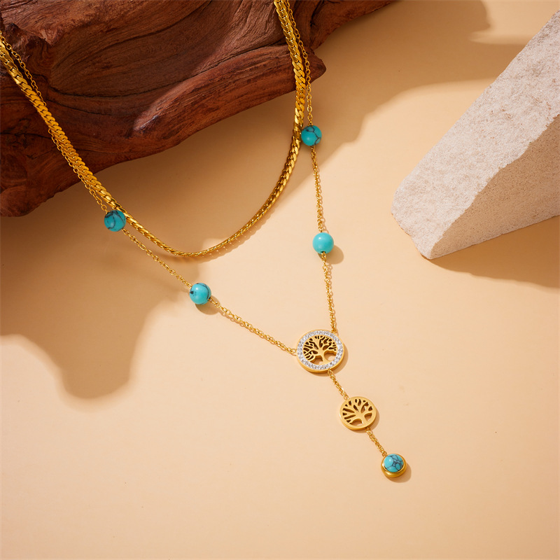 European and American retro, simple and fashionable double-layer gold-plated stainless steel chain tassel life tree blue turquoise accessory necklace Specification drawing