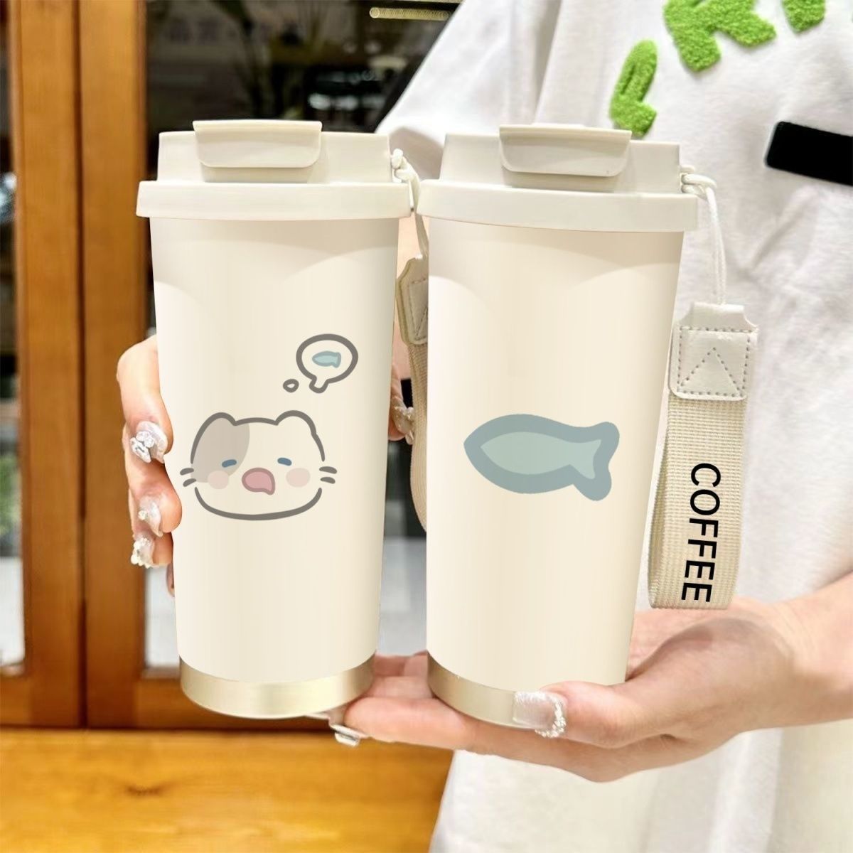Cartoon insulated cups for boys and girls to go to school, double-drinking cups, drinking cups, large-capacity sleepy cats, portable for sports Specification drawing
