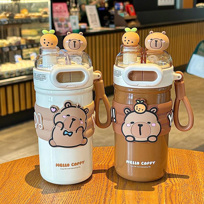 Cartoon cute Capibara glasses, double drinking cup, insulated cup, 316 stainless steel portable lock buckle drinking cup for children full figure