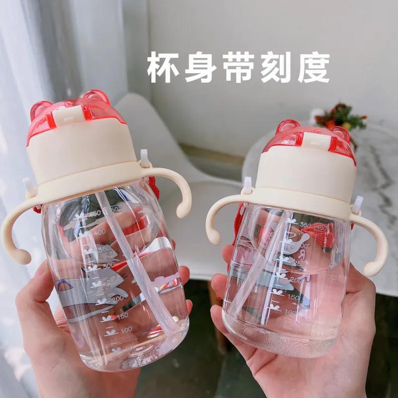 Seliya children's water cup with straw, plastic anti-drop cup, cartoon for primary school students, kindergarten handle portable water bottle Specification drawing