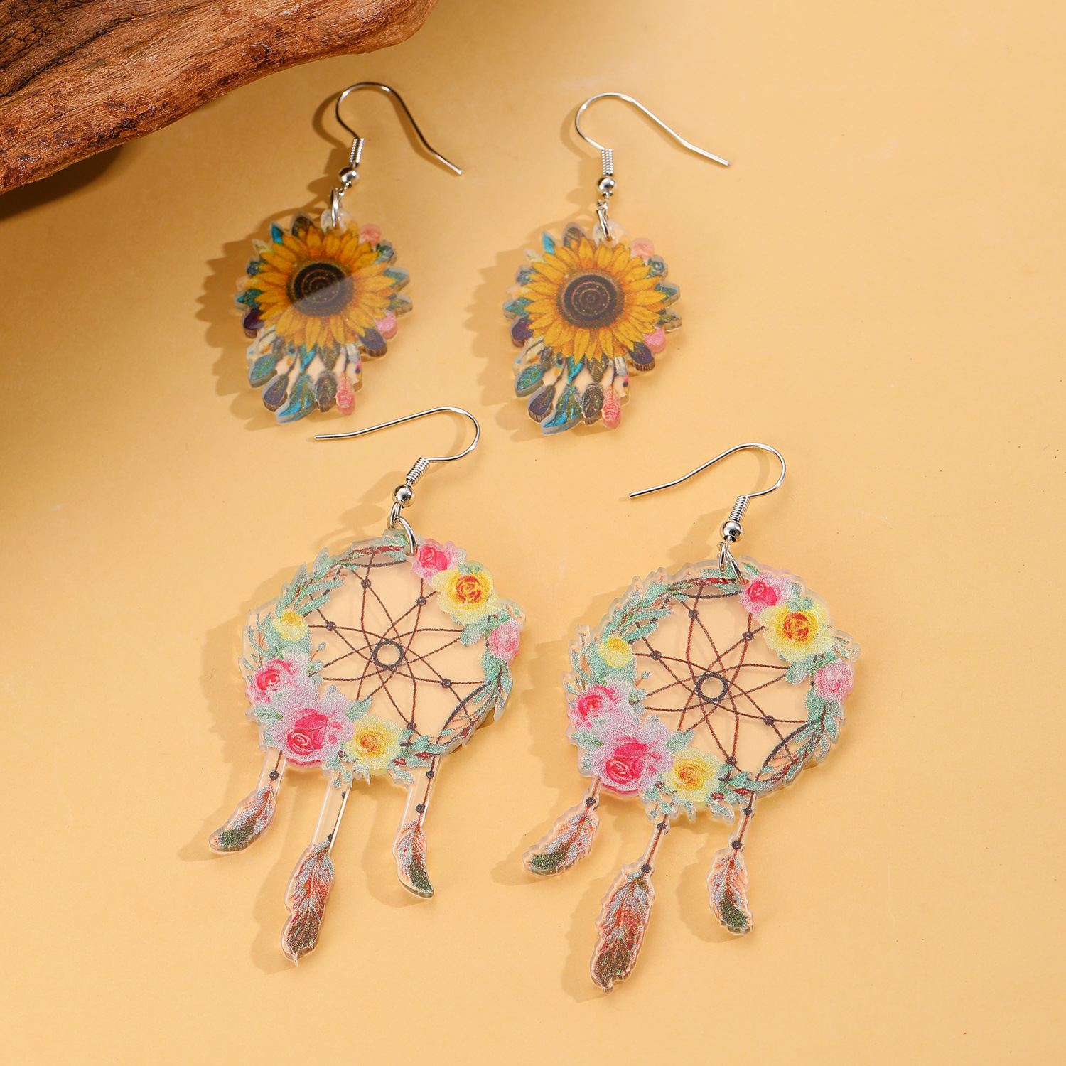 European and American Bohemian ethnic style sunflower flower earrings, feather dreamcatcher earrings, acrylic earrings for women Specification drawing