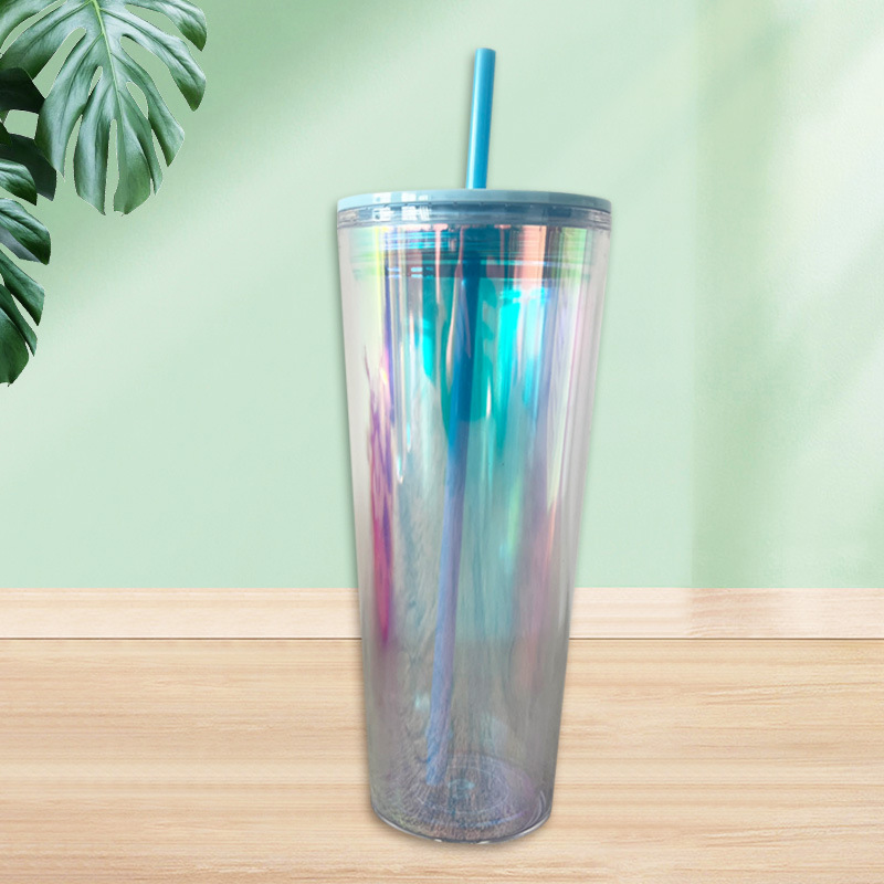 New type of foreign trade laser insert double-layer straw cup 710ml with lid PS plastic cup source manufacturer available for order Application Scenario