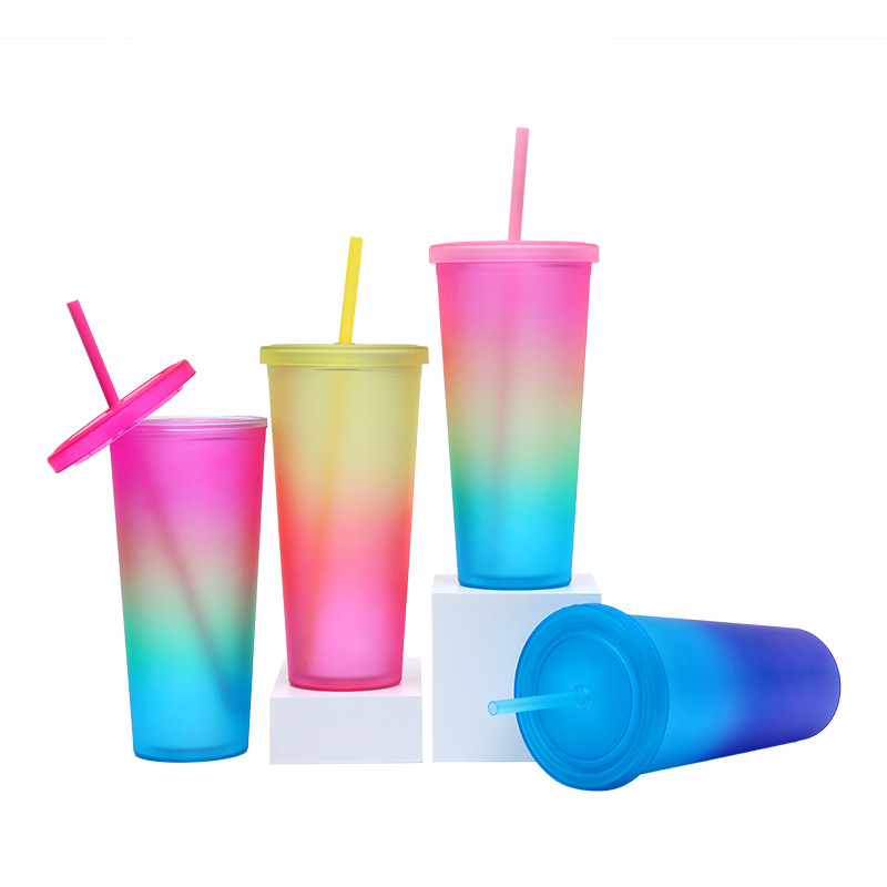 Factory direct supply rainbow-colored double-layer plastic straw cups, cross-border frosted portable cups, large-capacity outdoor sports water cups details Picture