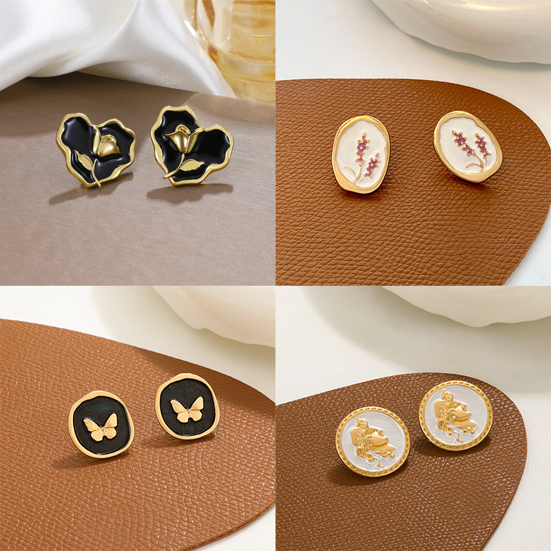 European and American ins enamel oil drip butterfly stud earrings for women, French light luxury design, flower and wheat ear earrings, internet-famous earrings full figure