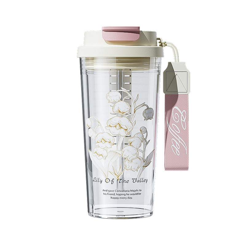 Lily of the Valley Water Cup 2024 Summer Girls' Straw Plastic Cup Coffee Cup Portable High Appearance level internet-famous student Double Drinking Cup Item Picture