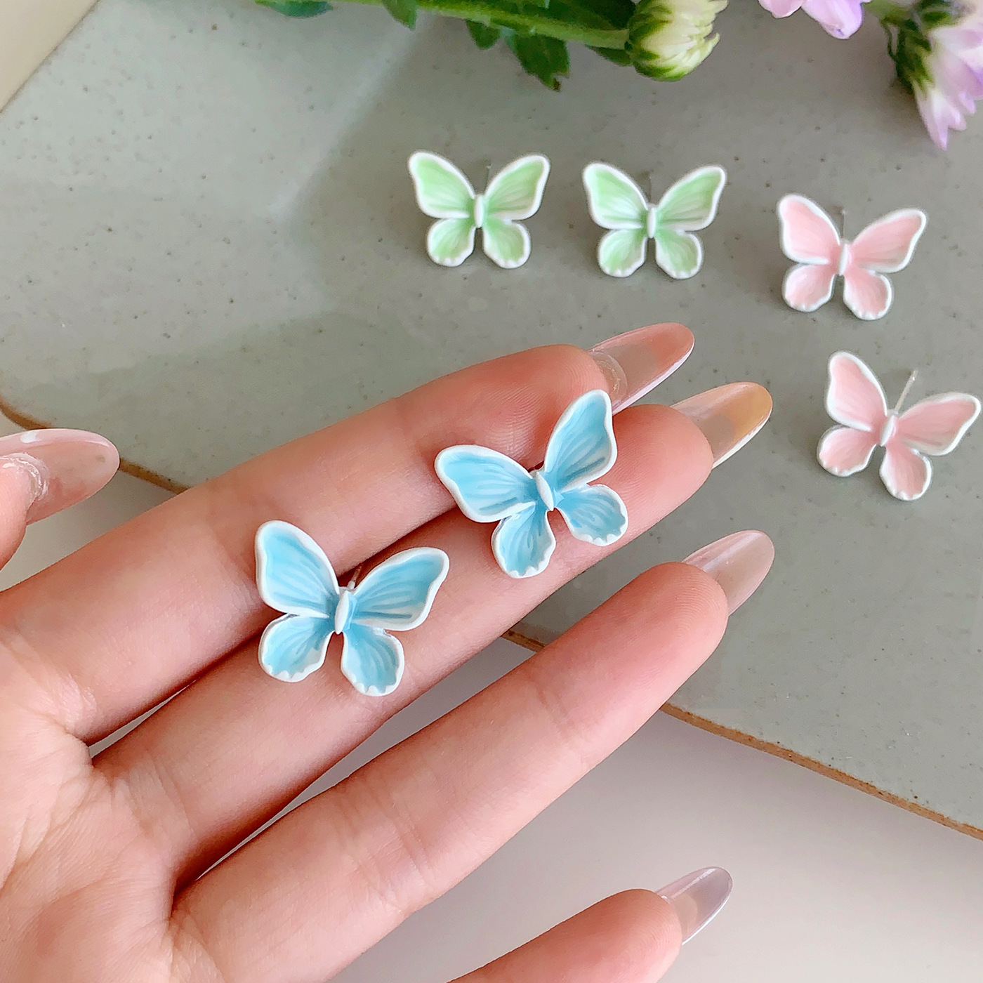 Summer sweet candy-colored oil painting butterfly earrings, women's silver needle, exquisite design sense, ins style, versatile and super fairy earrings details Picture