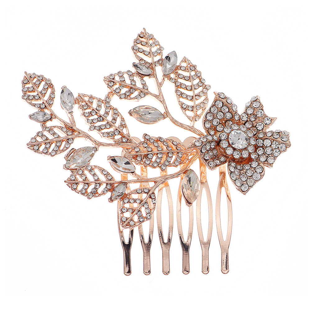 Mianino accessories, leaf flower side comb, European and American simple style hair comb, insert comb, alloy rhinestone bridal hair accessory Item Picture