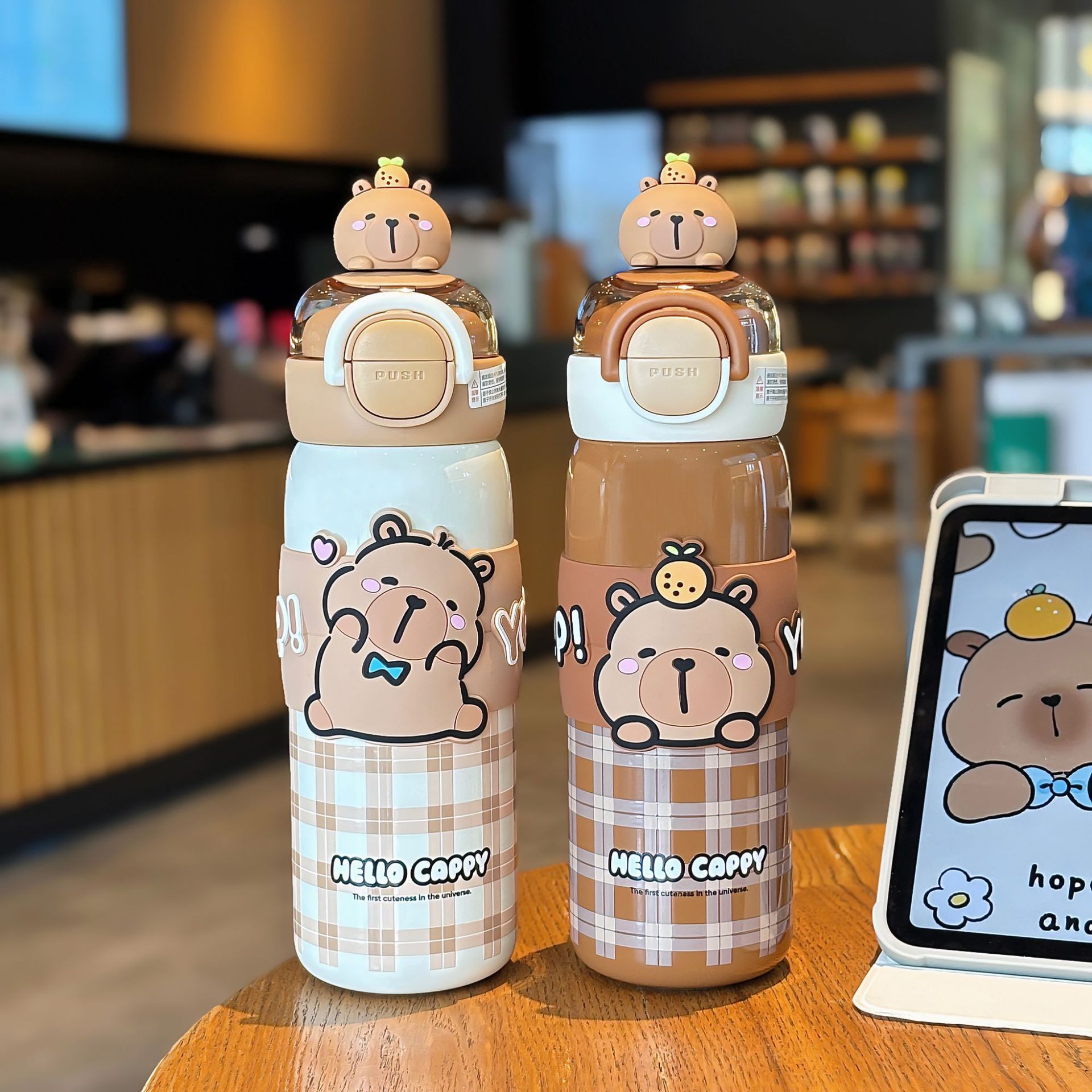 A cute Kapi Barraga-patterned student portable thermos cup with lock design, a double-drinking silicone spout drinking cup Specification drawing