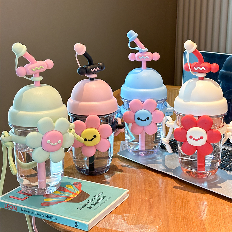Sunflower Plastic Straw Cup, new desktop office plastic water cup, large-capacity slanted cross, cute girls' cup details Picture