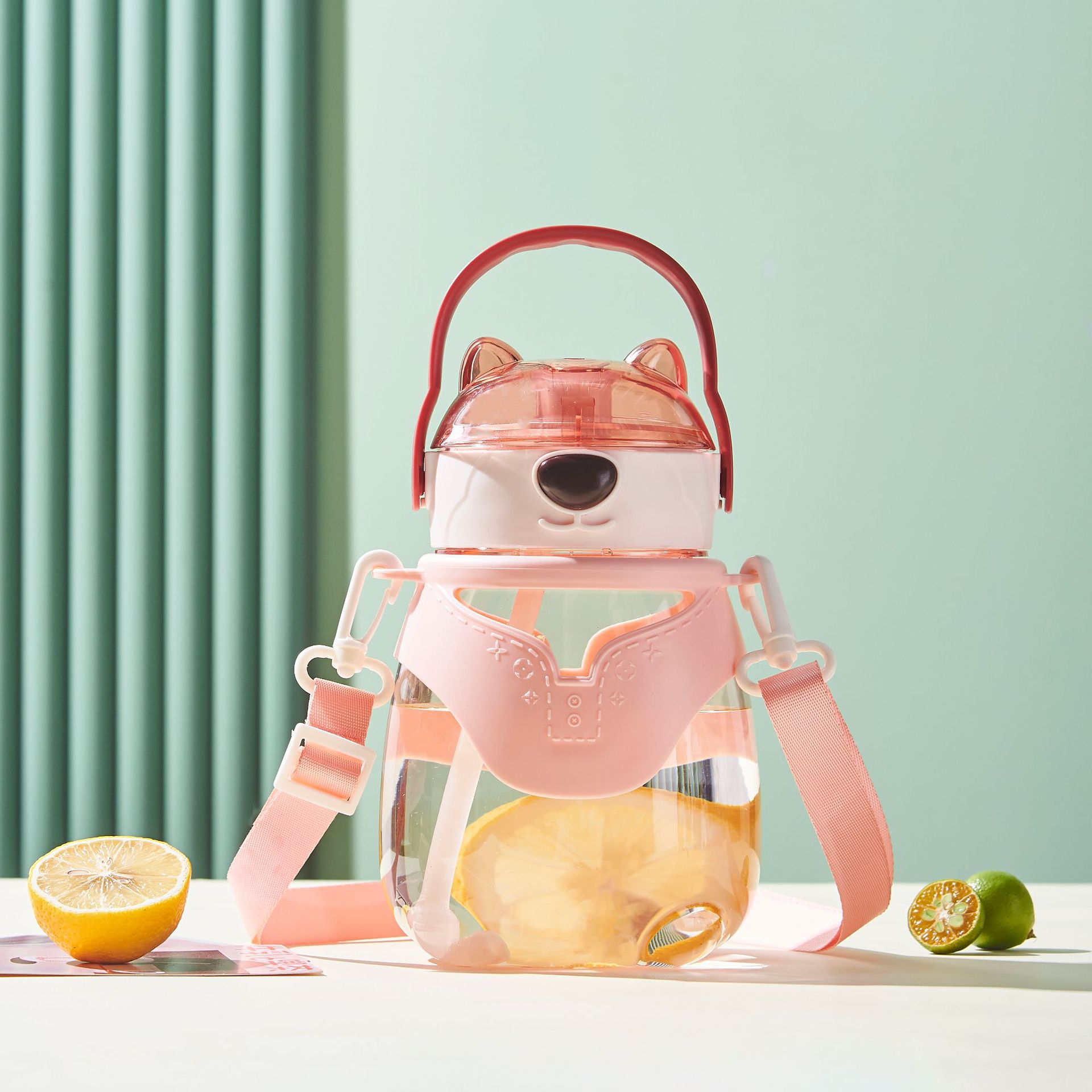 New internet-famous cute bear plastic water cup, large-capacity straw cup, children's outdoor water bottle, space cup, tonton cup Specification drawing