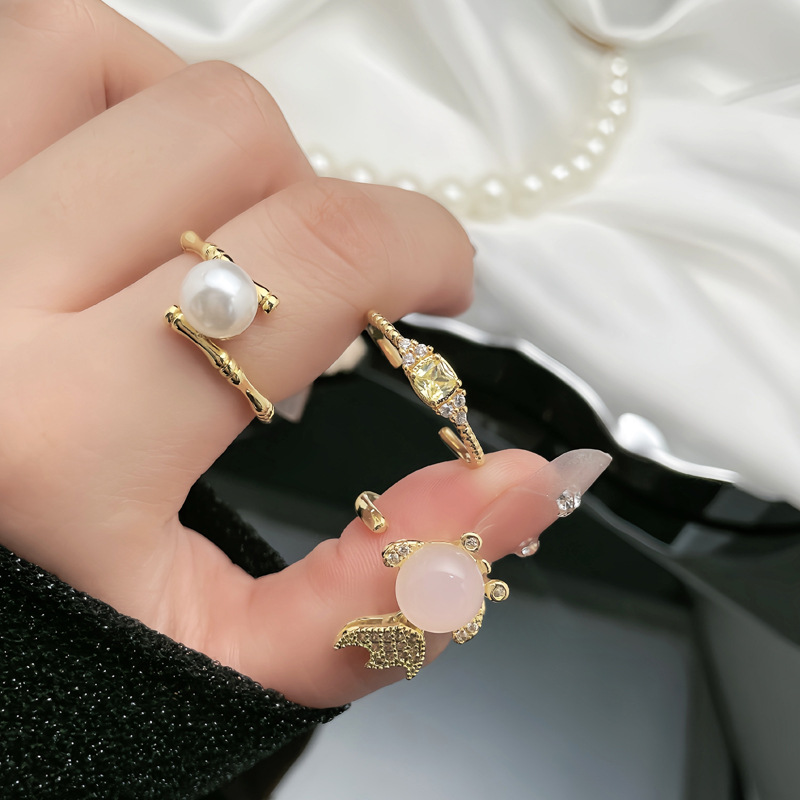 High-end pearl bamboo joint opening ring for women, Japanese and Korean Internet celebrity goldfish, personalized and fashionable ring, unique accessory for students details Picture