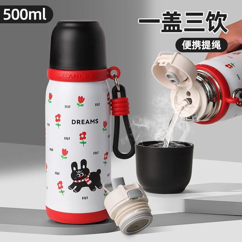 High appearance level 316 stainless steel insulated cup, cute double-drinking cartoon stainless steel cup, portable rope, outdoor bouncy cup full figure