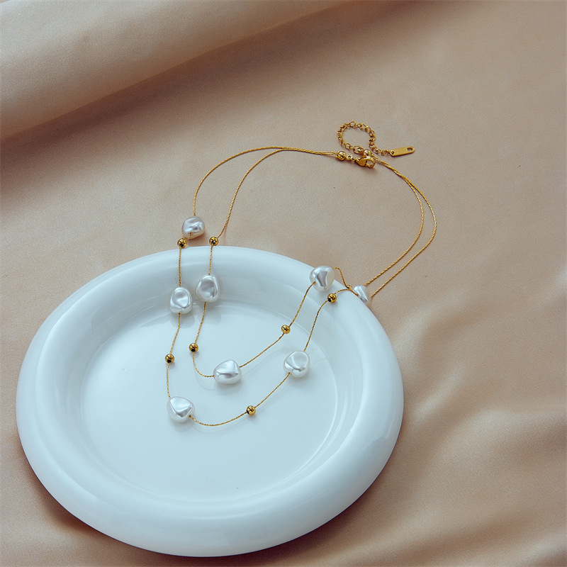 European and American cross-border fashion, versatile, personalized, retro Baroque pearl double titanium steel collarbone necklace Specification drawing