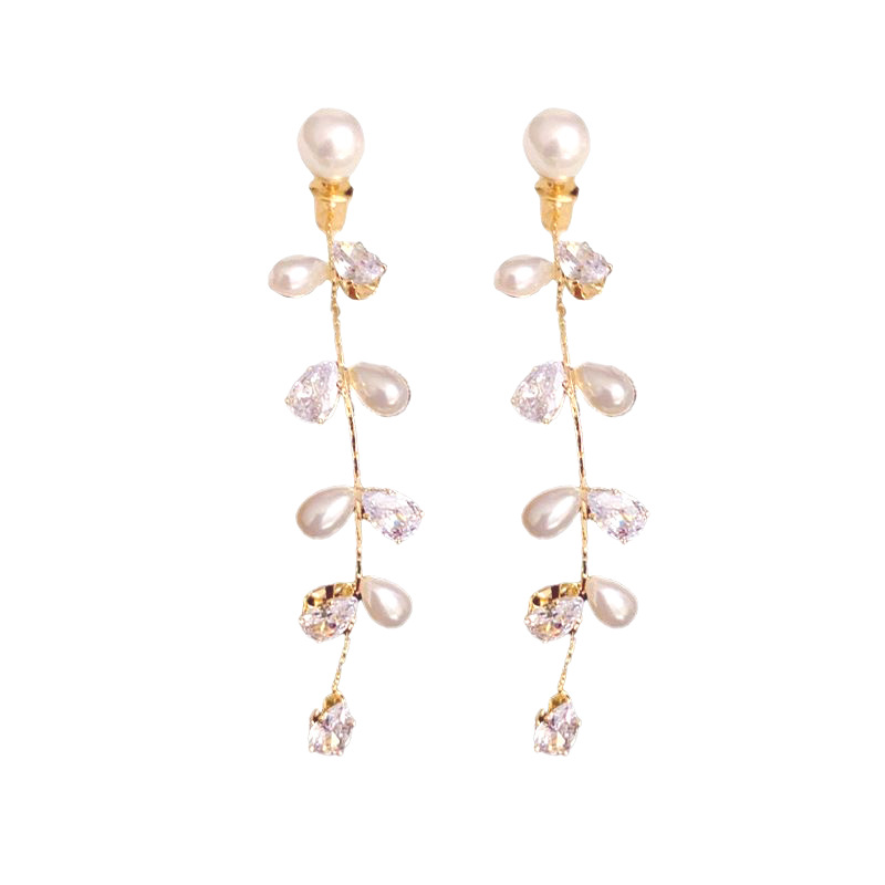 925 Silver needle Willow Leaf Flowing Gentle earrings, light luxury and high-end feel, pearl stud earrings, small fragrance style, double tassel earrings Item Picture