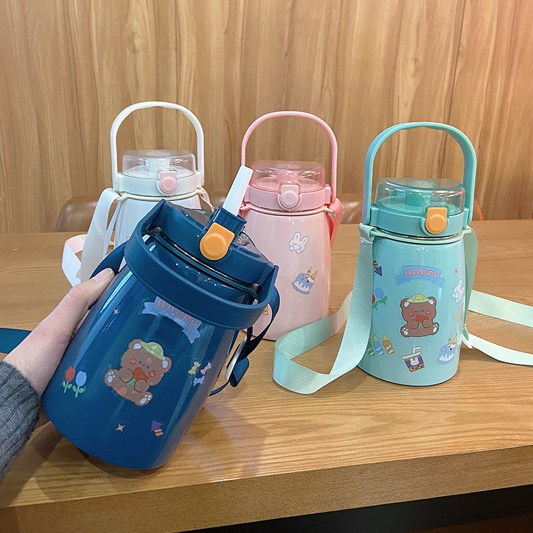 Cute big pudding student double-drinking cup with large belly, large-capacity stainless steel insulated cup, children's gift water cup with straw details Picture