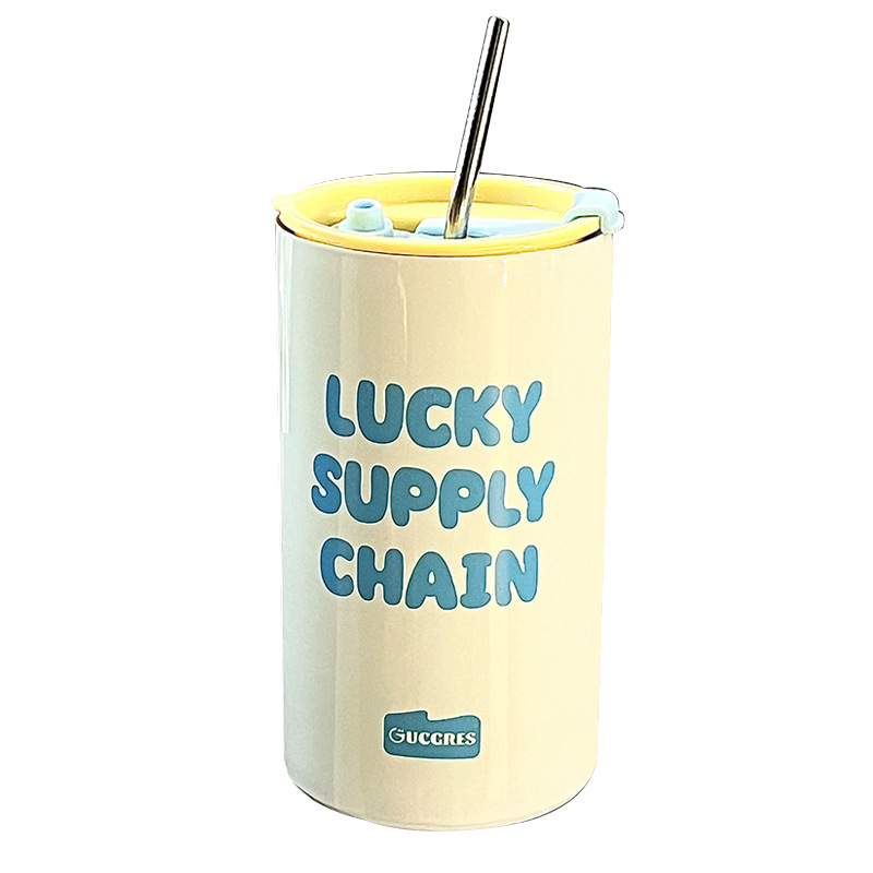 Dopamine stainless steel cup, anti-drop double-layer large-capacity insulated cup, simple coffee cup, high appearance level straw cup for girls Item Picture