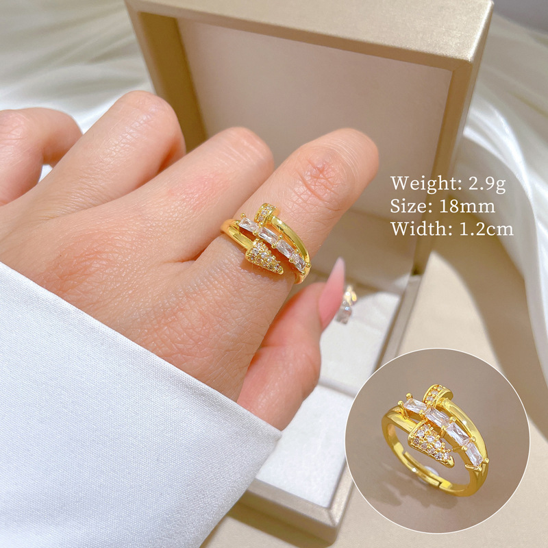 【 Real gold electroplating 】 Open nail women's fashionable micro-inlaid light luxury ring index finger ring, the same style as Internet celebrities, cold style full figure