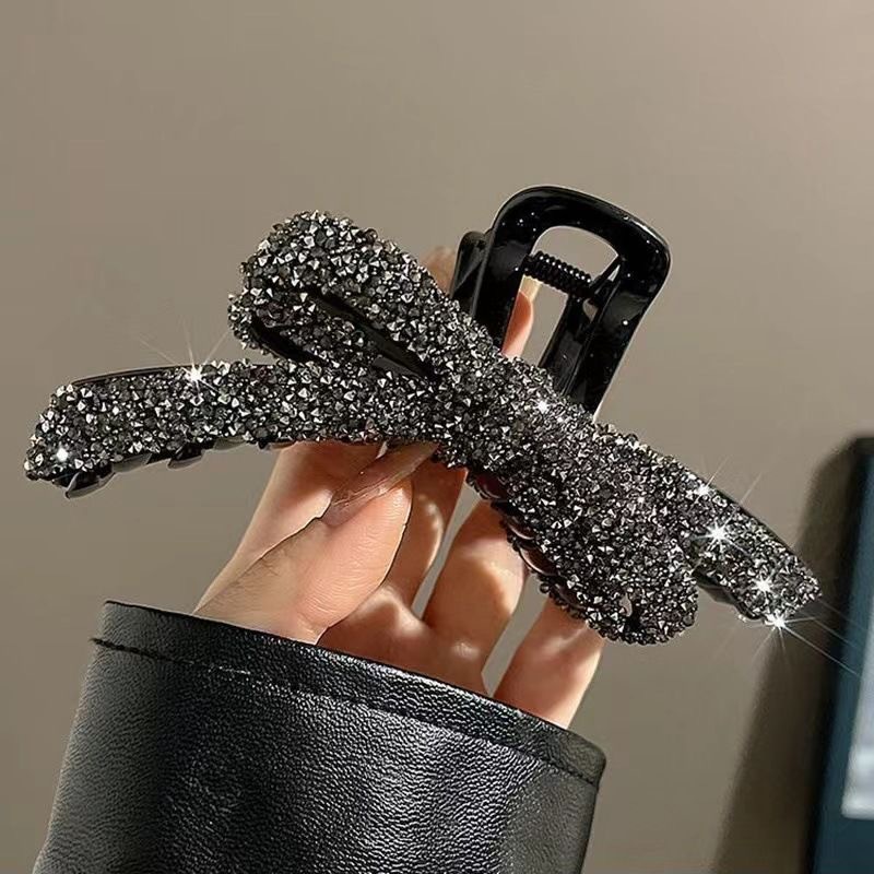 Black Star River Bow clip Women's 2024 new high-end full diamond hair clip large updo headwear at the back of the head Specification drawing