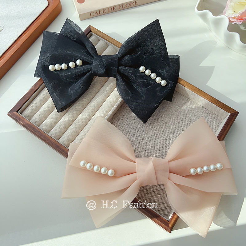 Organza bow pearl hair clip, Korean style hair accessory, simple and elegant headwear, female hair clip at the back of the head full figure