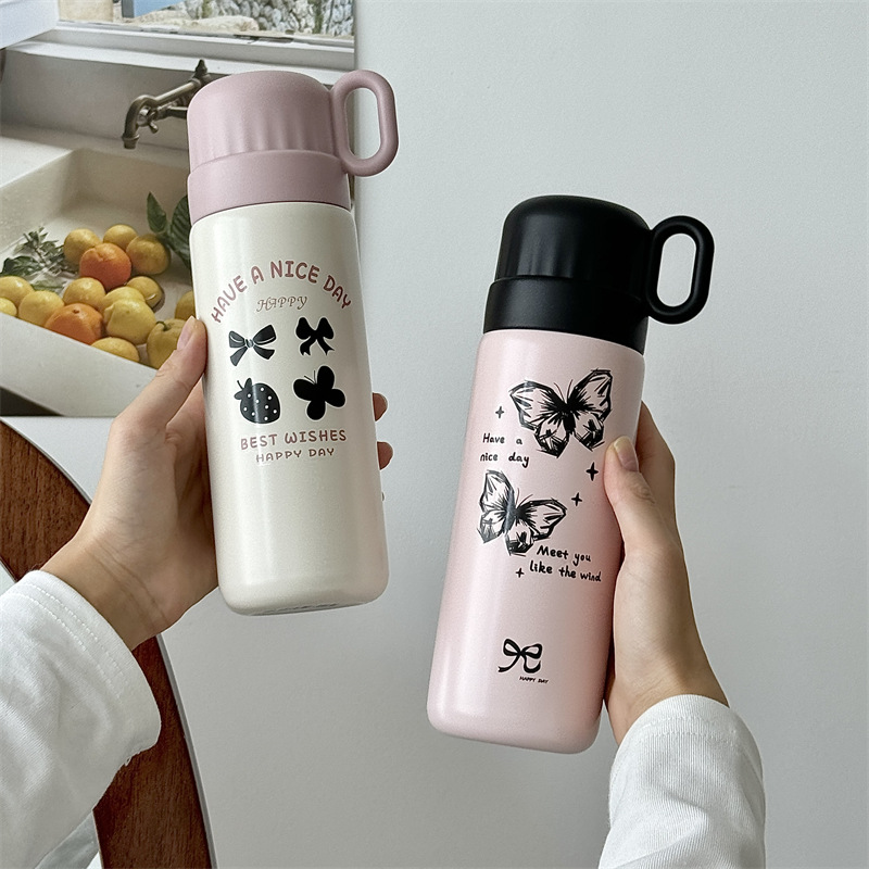 New cartoon cute water cup, student stainless steel portable insulated cup, girls' outdoor one-lid dual-purpose cup for school full figure