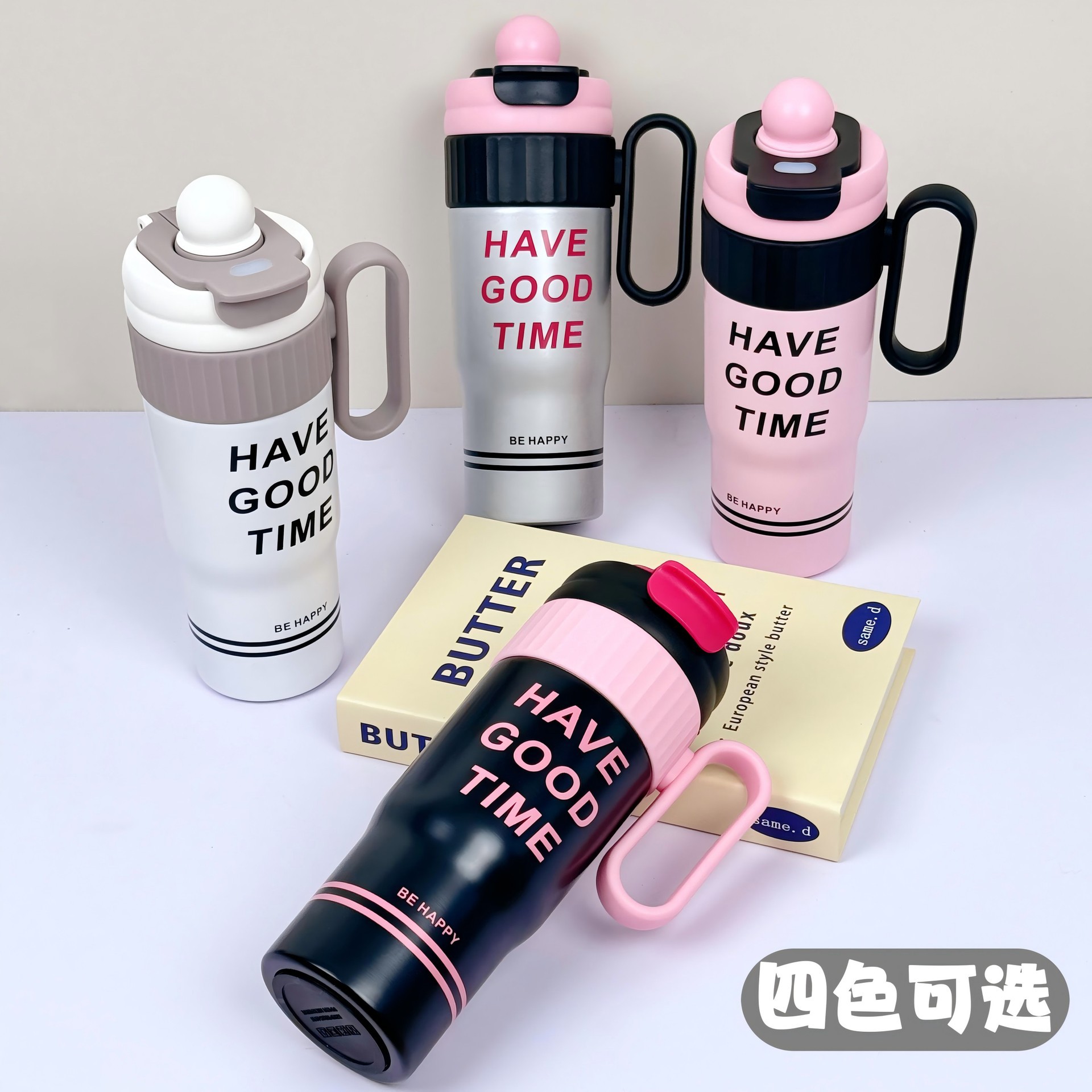 Flower language insulated cup, large-capacity office portable stainless steel water cup, high appearance level for girls, Ice King double drinking straw cup full figure