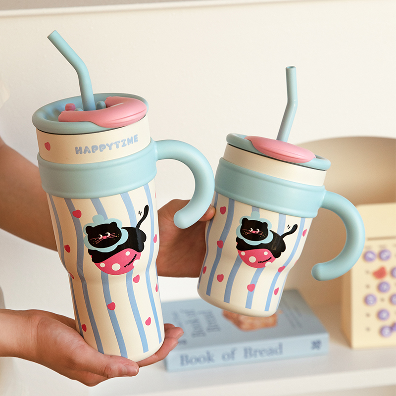 New large-capacity ice cup, high school girls' appearance level, double-drinking straw cup, ins cute water cup, household cup with handle Specification drawing