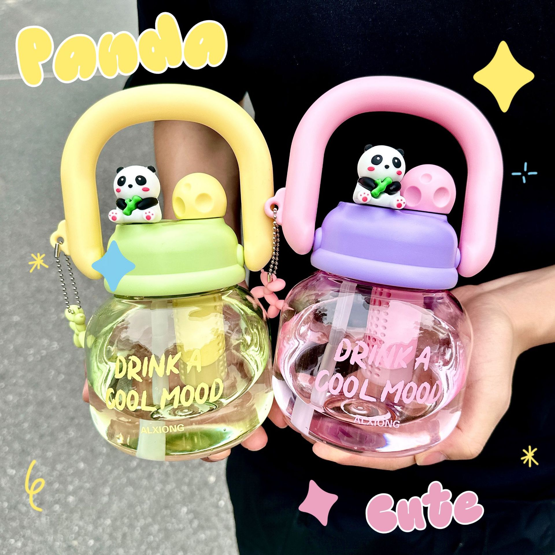 Cute double-drinking large-belted water cup with straw, portable water bottle for students, summer large-capacity plastic cup Specification drawing