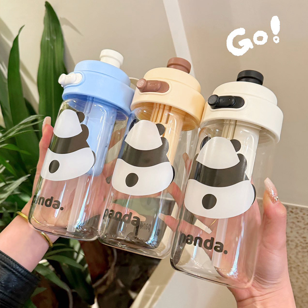 Cute panda glass cup with filter, student double-drinking straw cup, portable summer girls' couple tea cup details Picture