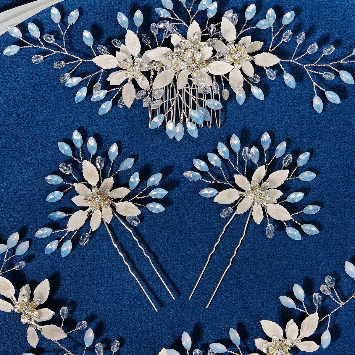 Three-piece set of European and American bride headwear, handcrafted opal headband, rhinestone flower bun, hairpin, wedding dress, evening gown and hair comb Specification drawing