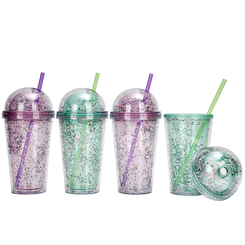 Factory direct sales, processing and customization of 16oz double-layer plastic straw cups with round LIDS, creative portability with logos, and casual cups details Picture