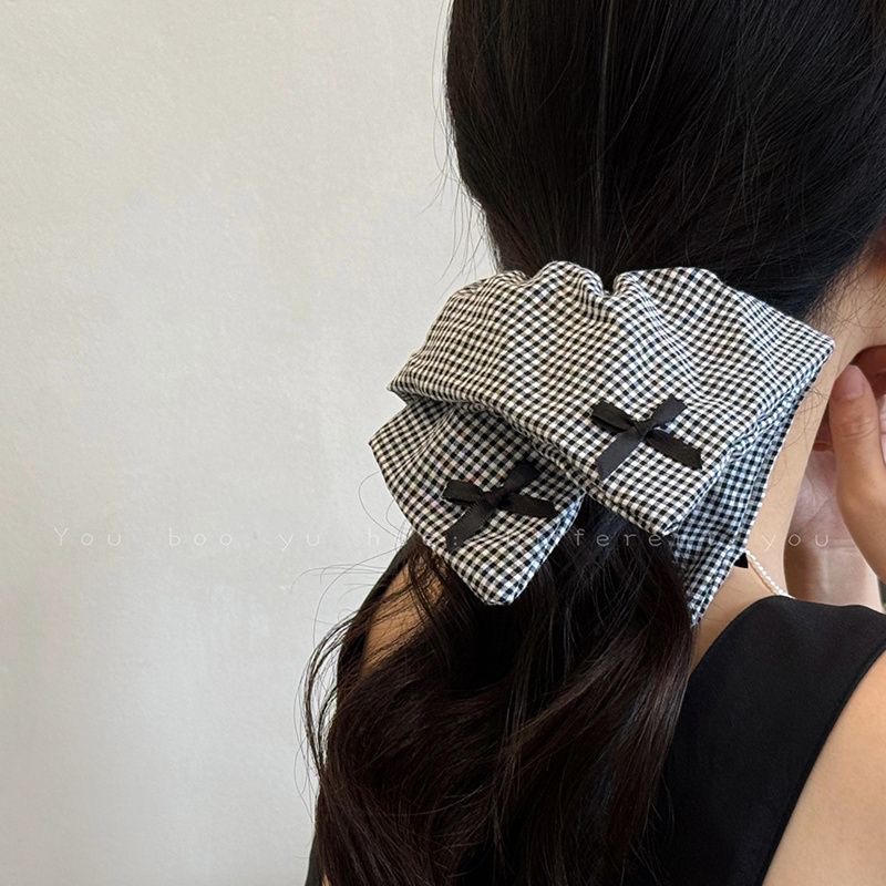 2024 New ballet-style bow tie for women, a niche design with a checkered square scarf bun hair accessory Specification drawing