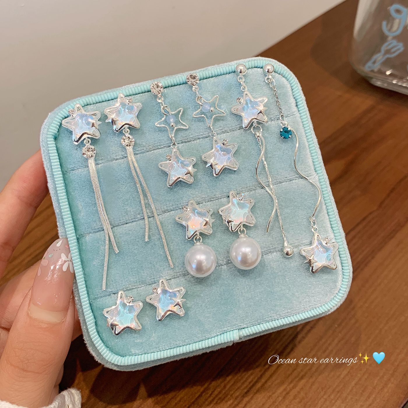 Summer copper micro-inlaid ocean shining star earrings, women's silver needle, fresh and delicate pearl, niche and light luxury design earrings Specification drawing