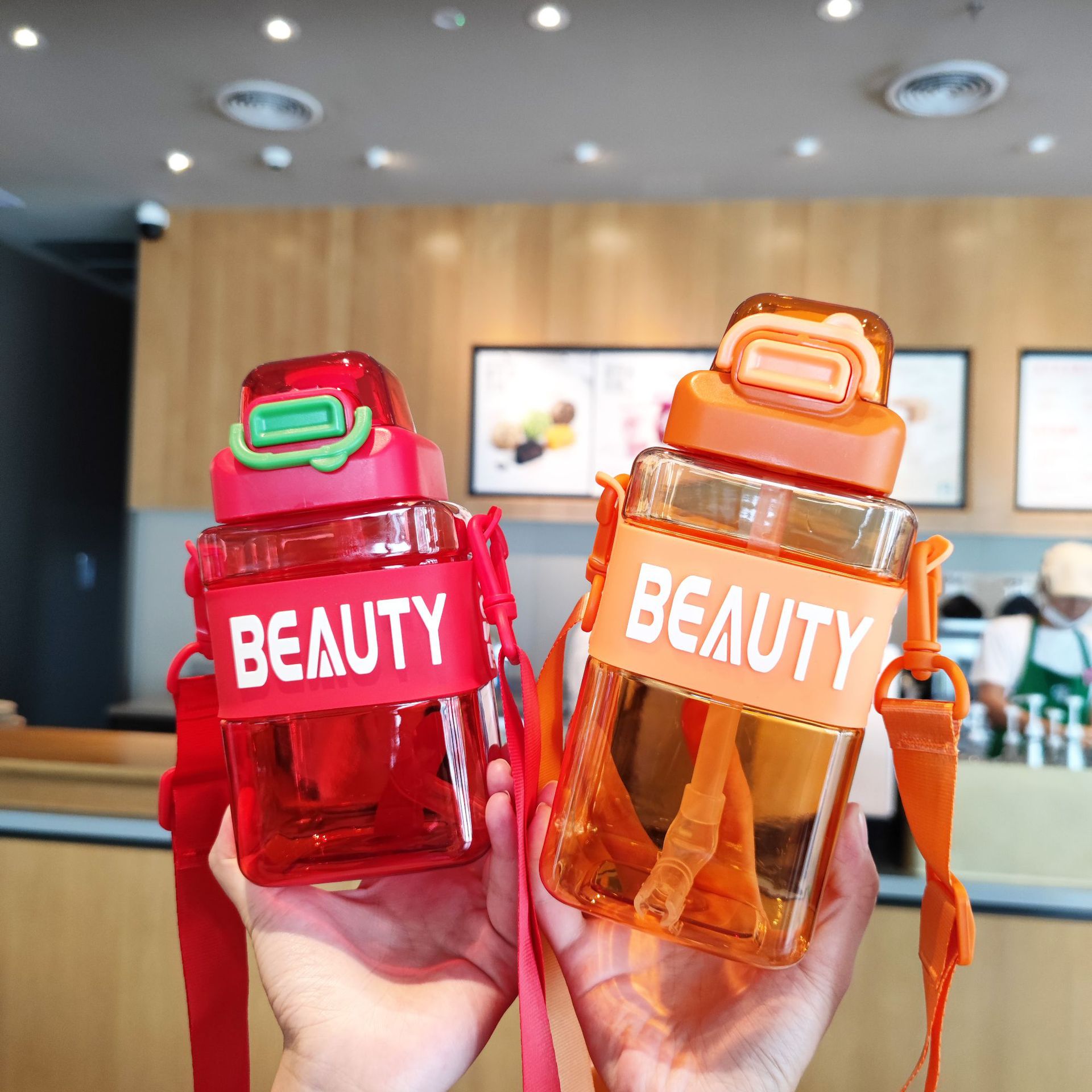 High appearance level square 650ml cross-border portable shoulder strap outdoor sports transparent gradient straw plastic cup travel cup Specification drawing
