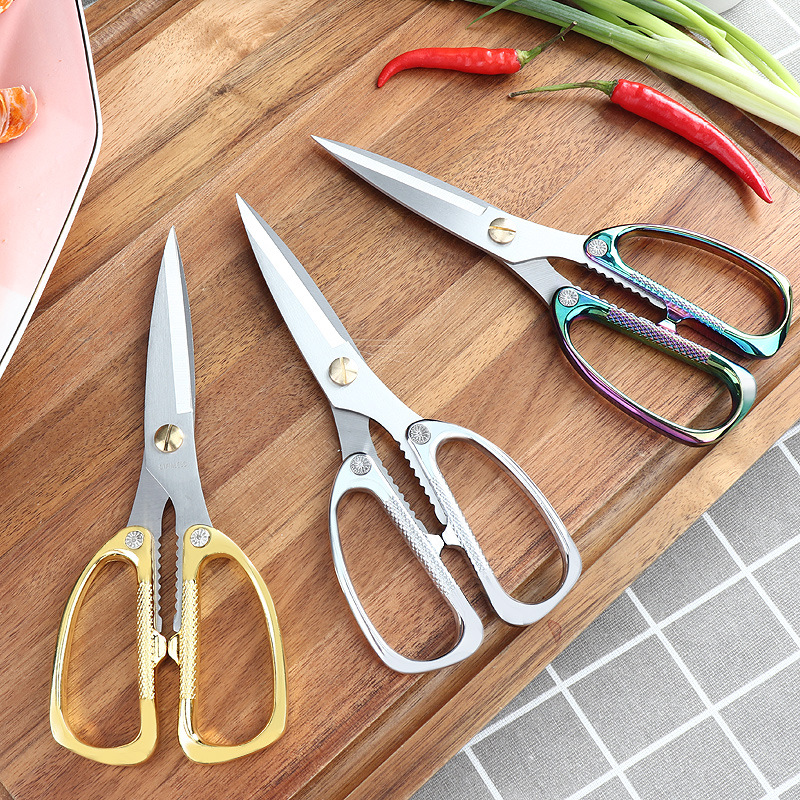 Lin Tai's stainless steel household scissors are powerful, sharp, and in titanium color. They are suitable for cutting chicken bones, fish, shrimp, and crabs, as well as street stall scissors Specification drawing