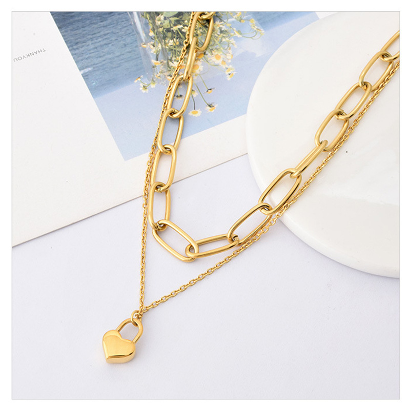 New double-layer chain heart-shaped lock pendant titanium steel metal hip-hop high-end cold style necklace from Europe and America cross-border Specification drawing