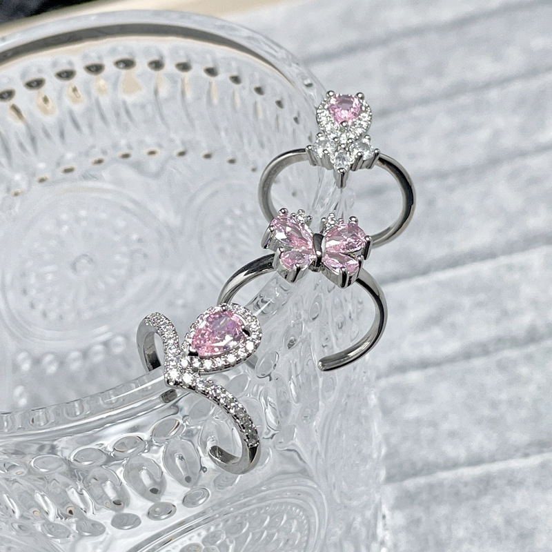 Princess-style, niche and sweet pink diamond crown butterfly opening ring, girlish charm, light luxury, layered and exquisite index finger ring details Picture