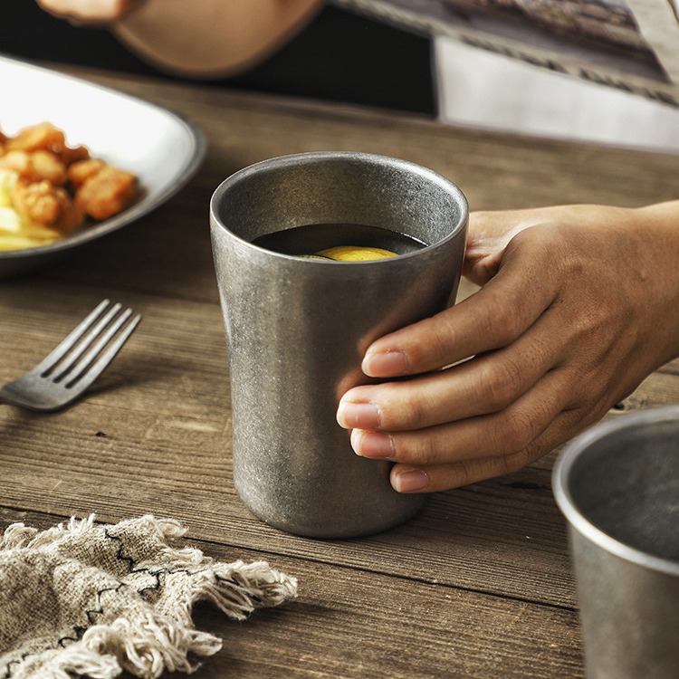 Industrial snowflake grey American coffee cup, outdoor camping personalized water cup, retro aged stainless steel mug details Picture