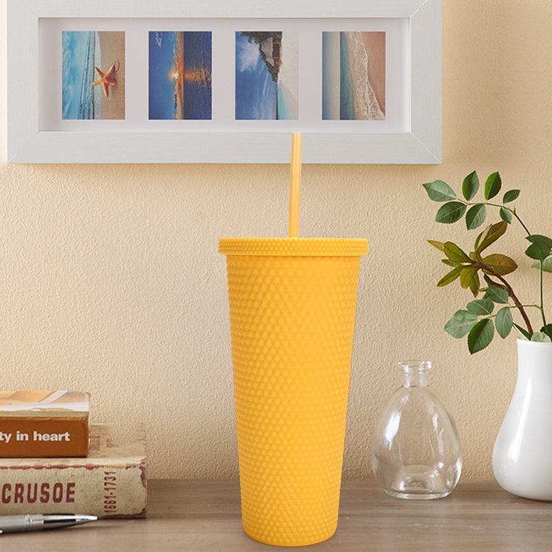 Double-layer plastic straw cup, large-capacity portable diamond cup, 710ml, high appearance level outdoor student durian prickly cup details Picture