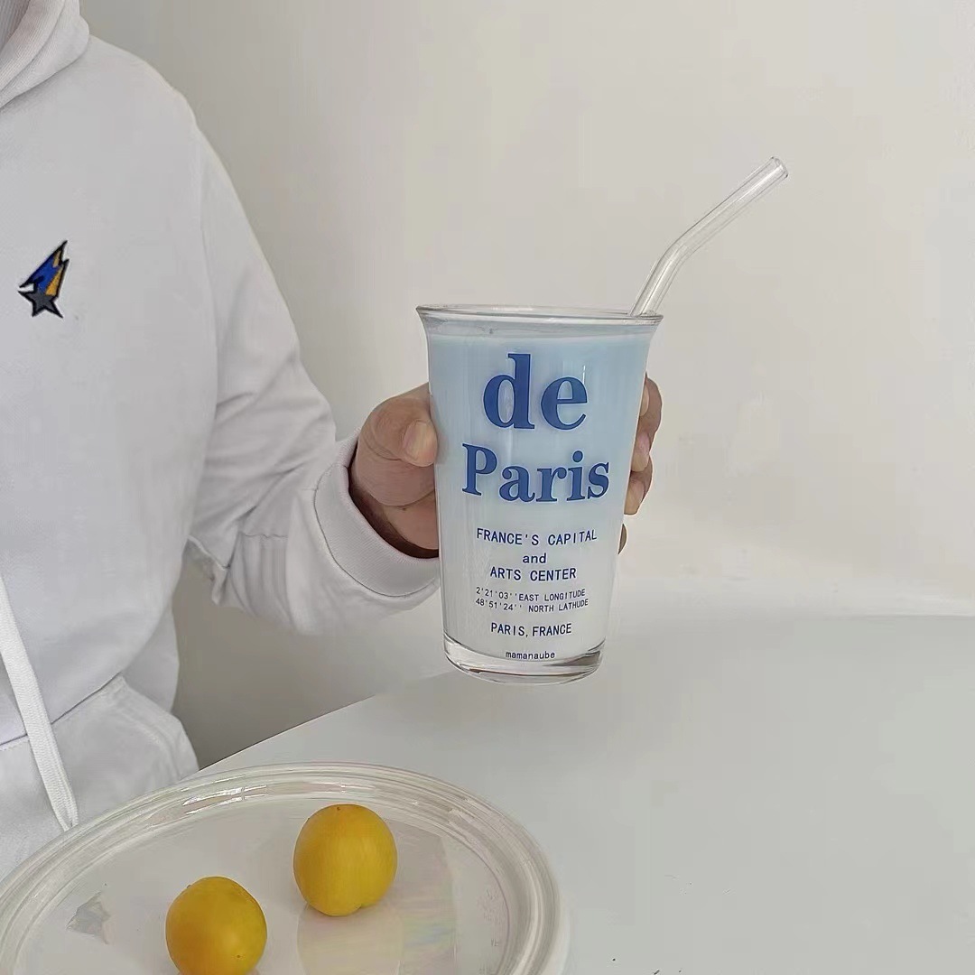 Ins-style French letter glass cups, internet-famous water cups, high school girls' appearance level, student breakfast cups, milk cups Specification drawing