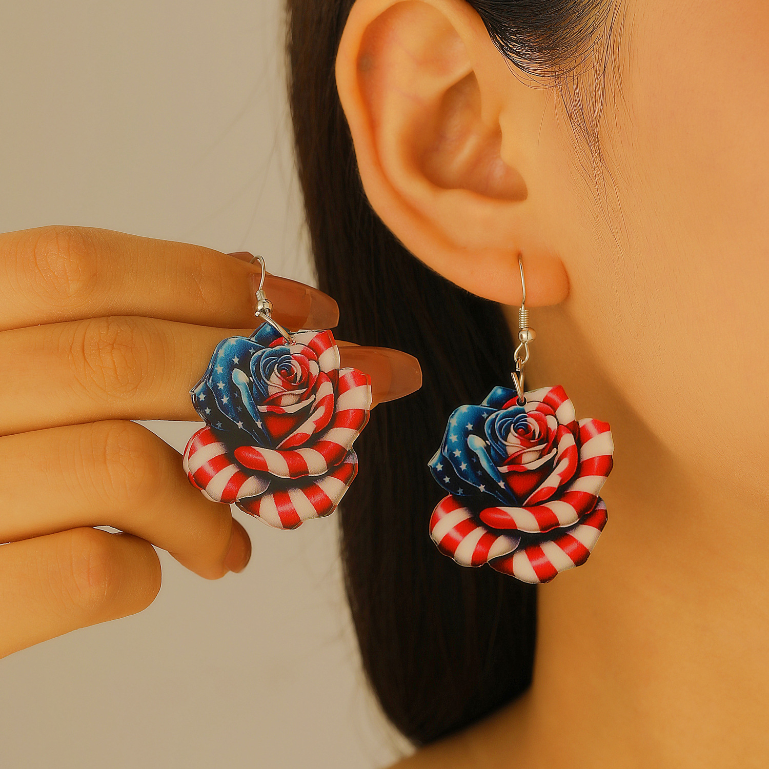 Cross-border acrylic earrings, American flag bow, red, white and blue patriotic Independence Day women's earrings and earrings decoration details Picture