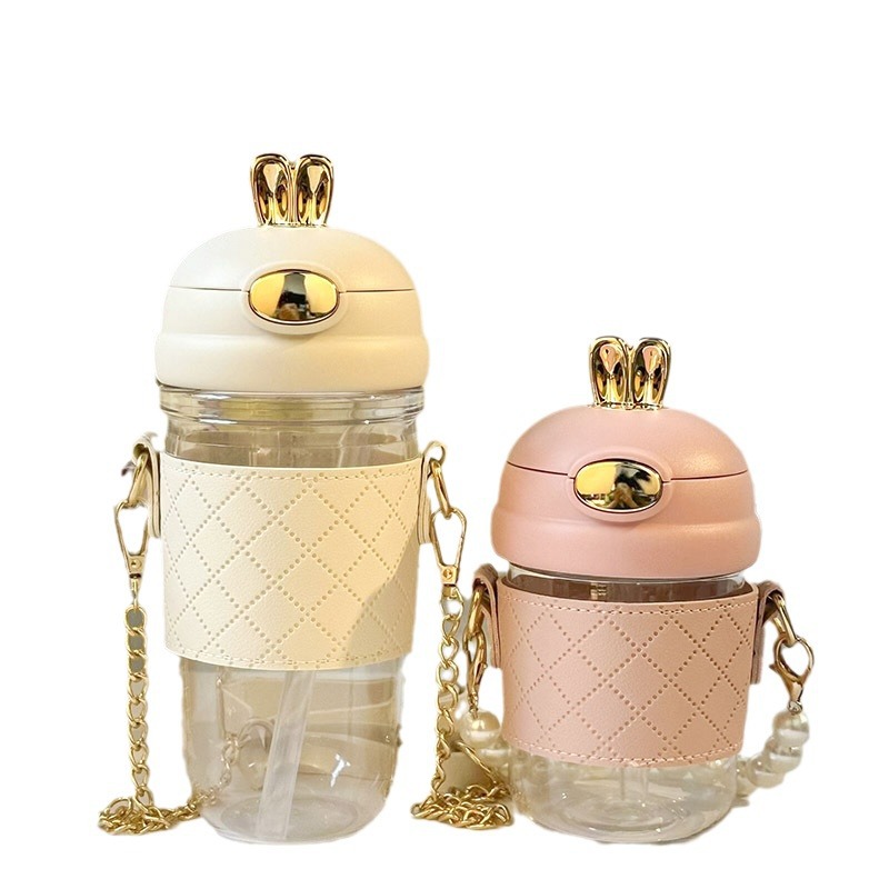 ins Little Chanel plastic cup Rabbit water cup, high appearance level, crossbody rabbit cup, Internet celebrity portable backpack with straw water bottle Item Picture