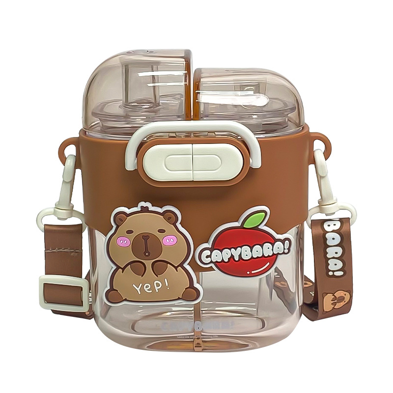 The Capibala double-compartment cup has an adjustable rope for easy carrying, a lock design, and a silicone straw. It is a large-capacity drinking cup Item Picture