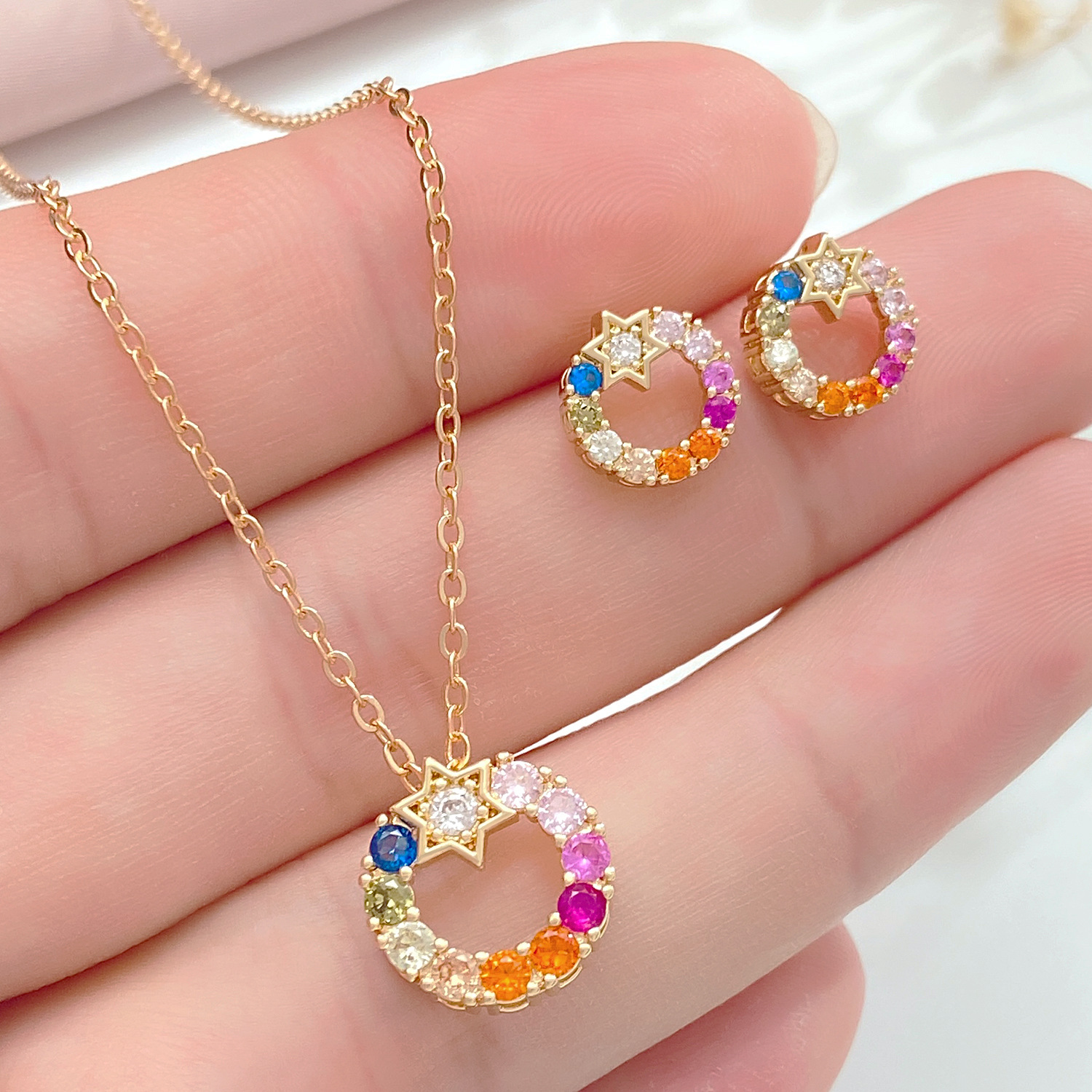 New cross-border copper inlaid colored diamond star jewelry set for women, InS-style European and American colored round necklace and earrings set Specification drawing
