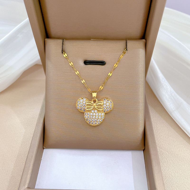 【 Titanium Steel 】 Light luxury style, luxurious, full of diamonds, cute mouse necklace, versatile collarbone chain for female Internet celebrities, titanium steel chain full figure