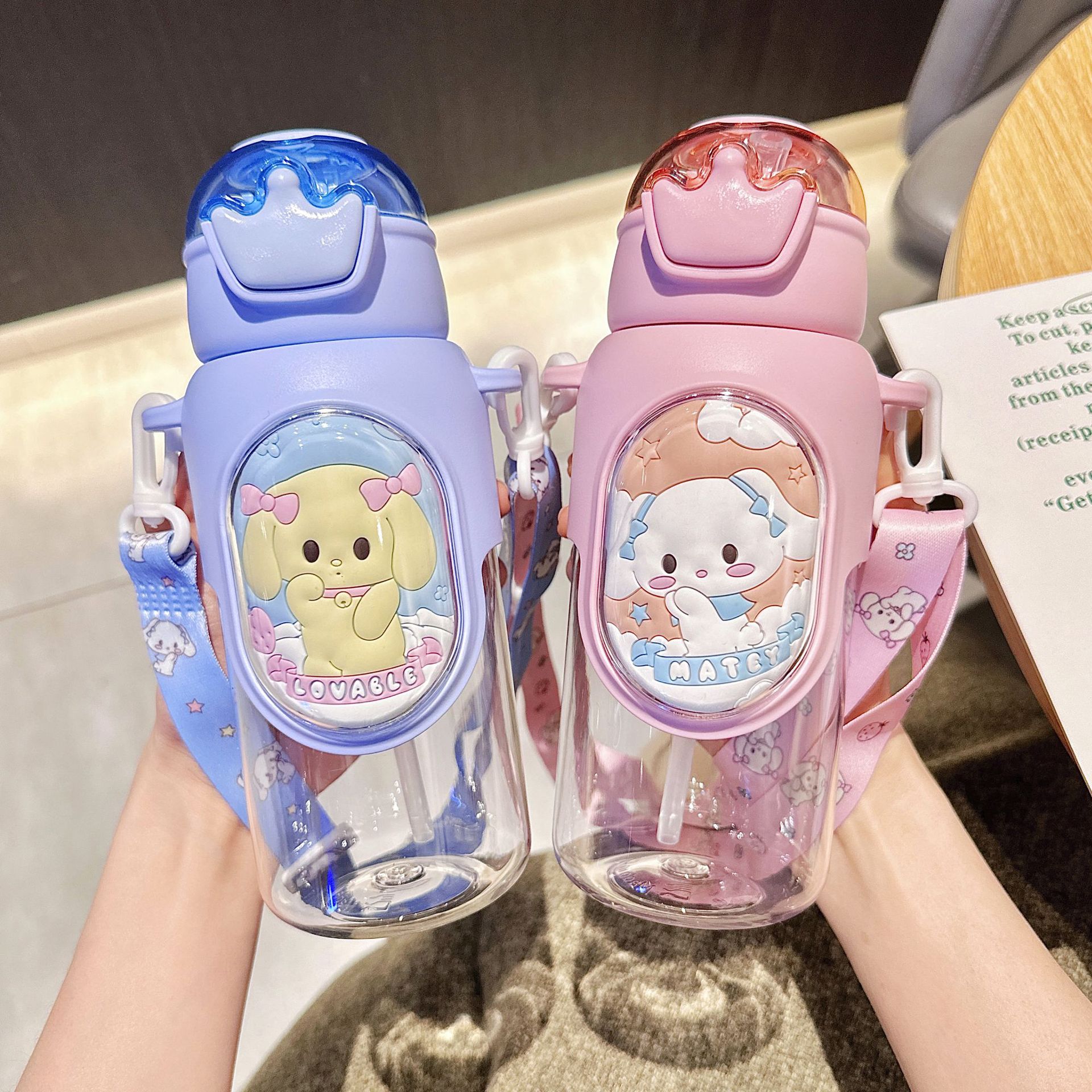 New children's straw cup, summer cute portable plastic cup, crossbody cartoon panda, special anti-drop cup for students full figure