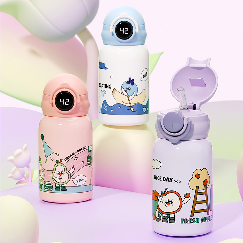 Yongkang Cute Children's Insulated Cup, Smart temperature-controlled Stainless steel Straw Water Cup, Cartoon Portable baby Drinking Water bottle full figure