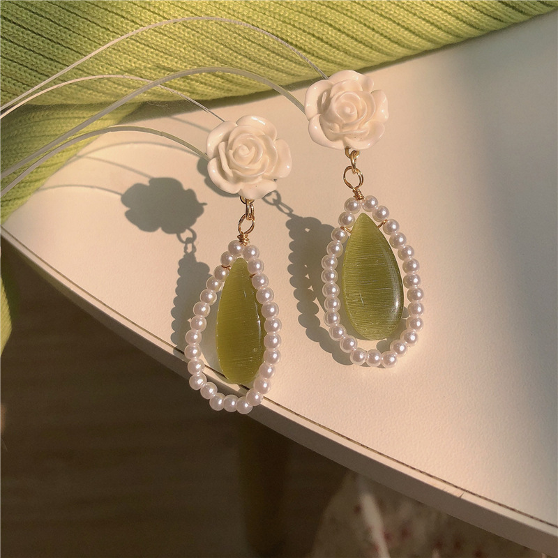 French retro green cat's eye stone ear studs, gentle pearl camellia rose water drop earrings, no ear piercings or ear clips details Picture