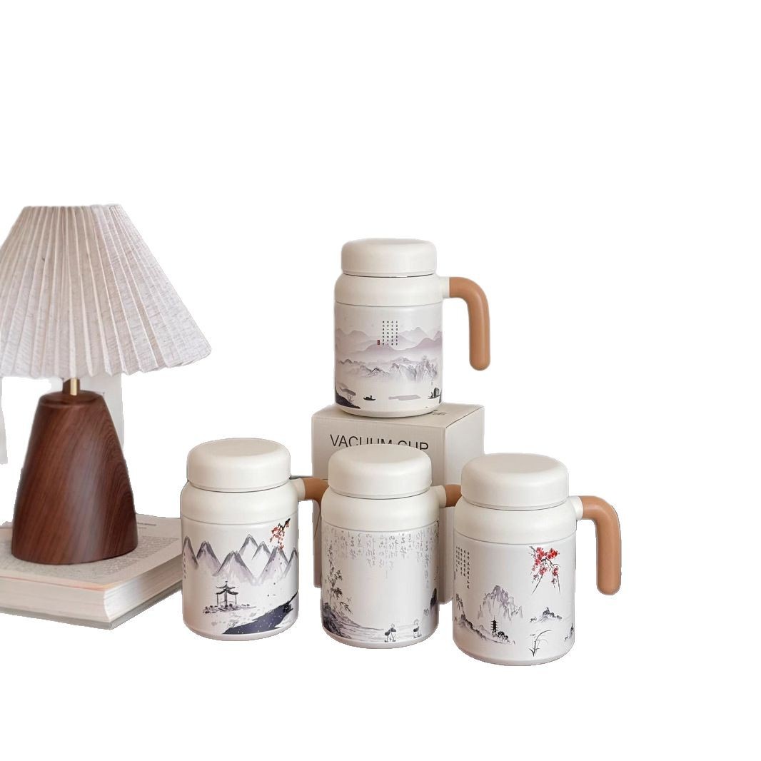 2025 New Chinese-style four-season national trend insulated cup, women's tea water separation handle office cup with filter screen, trendy cup Item Picture