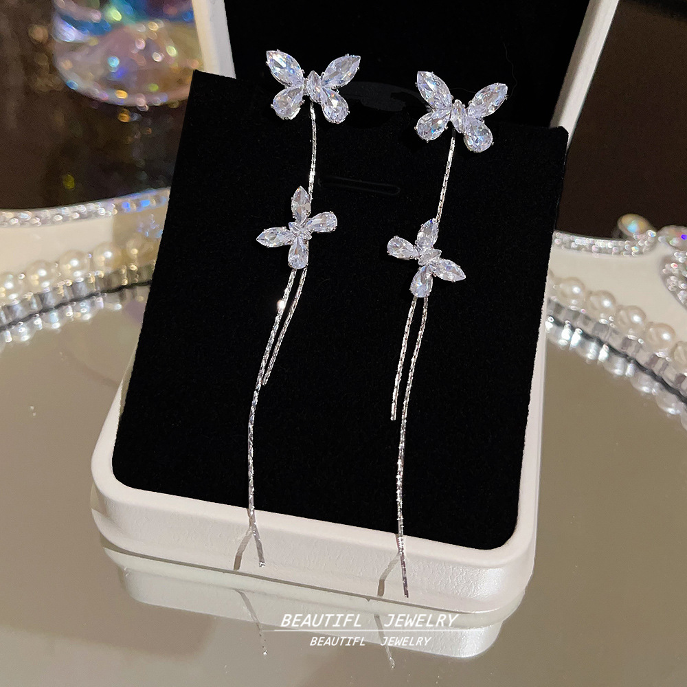 Super Sparkling long Zircon butterfly tassel earrings with a light luxury and high-end feel, niche stud earrings, women's fashionable and elegant earrings wholesale details Picture