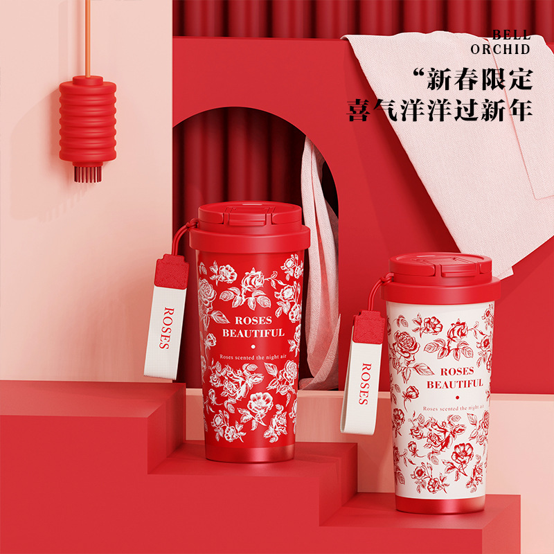 The 2024 new model of the Chinese-style water cup with a high appearance level is a convenient double-drinking cup with a large capacity and a tea strainer. It is a stainless steel insulated cup details Picture